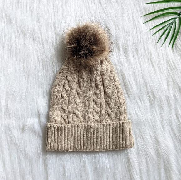 Accessories - Tan braided cuffed beanie with furry pom pom